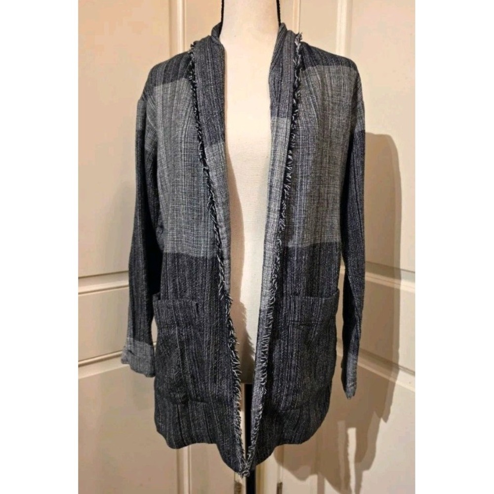 Eileen Fisher Womens 2XS Gray Black Colorblock Rib Knit Open Shawl Cardigan